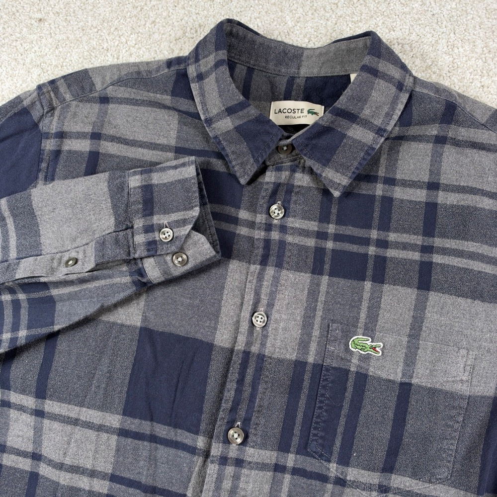 Lacoste Button Down Shirt Mens L Grey Navy Blue Plaid Regular Fit Flannel Cotton
